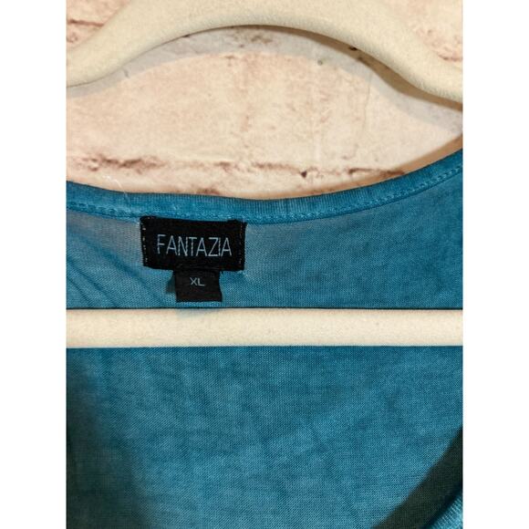 Fantazia Tunic Top Womens XL Teal Blue Distress Wash Embroidered Linen Blend - Picture 12 of 12